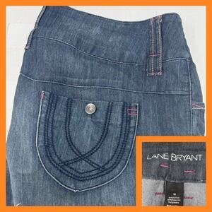 Lane‎ Bryant Wide Leg Jeans Women 18 Blue Pink Contrast Stitch Stretch Trouser